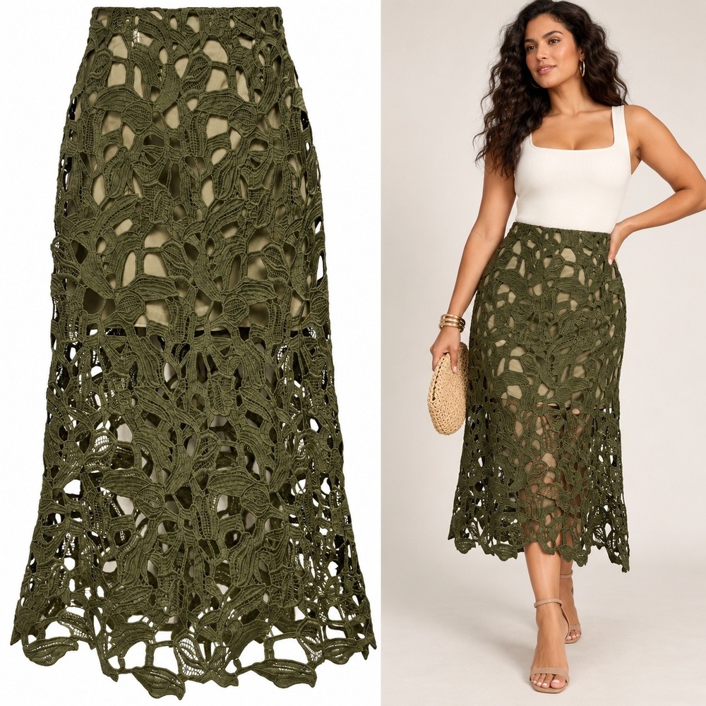 Olive Green Guipure Lace Crochet Midi Skirt Boho Romantic High Waist Festival